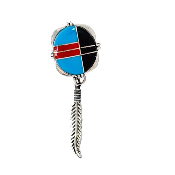 JJ Signed Sterling Silver 925 Single Earring | Southwest Turquoise Coral Onyx - Picture 3 of 8